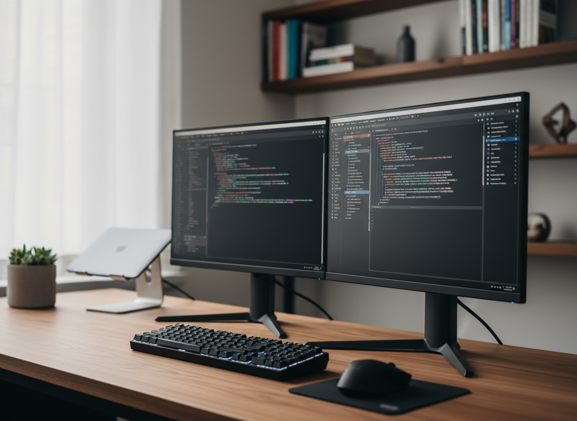 A sleek dual-monitor software engineering workstation featuring two ultra-thin matte black monitors displaying dense, colorful code editors and a clean terminal window. A compact mechanical keyboard with subtle white backlighting and a low-profile black mouse rest on a smooth walnut desk with a faint natural grain. A closed silver laptop sits on a minimal stand beside a small concrete planter holding a neat green succulent. Soft, diffused daylight enters from an unseen window, creating gentle reflections on the monitor bezels and subtle shadows under the peripherals. Photographic realism, shot at eye level with a shallow depth of field, keeps the foreground in crisp focus while the background fades into a soft bokeh of shelves with neatly stacked tech books. The mood is professional, focused, and quietly productive, ideal for a seasoned software engineer’s personal site hero image.