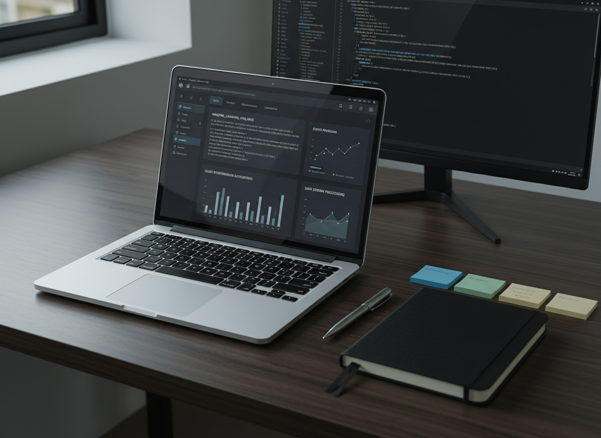 An open silver laptop on a dark, finely textured wooden desk displaying a polished portfolio-style dashboard UI with clean charts, code snippets, and project tiles labeled with technical terms. Beside it lies a black notebook with a subtle fabric cover, a precise metal pen, and a neatly arranged set of sticky notes in muted colors. A single large monitor behind the laptop shows a vivid dark-mode code editor. Cool, indirect afternoon light from a nearby window illuminates the scene, creating soft, directional shadows and mild reflections on the laptop’s aluminum chassis. Photographic realism, framed using the rule of thirds from a slightly elevated angle, conveys an organized, analytical workspace. The atmosphere feels methodical and professional, suggesting a disciplined software engineer presenting years of curated career achievements.