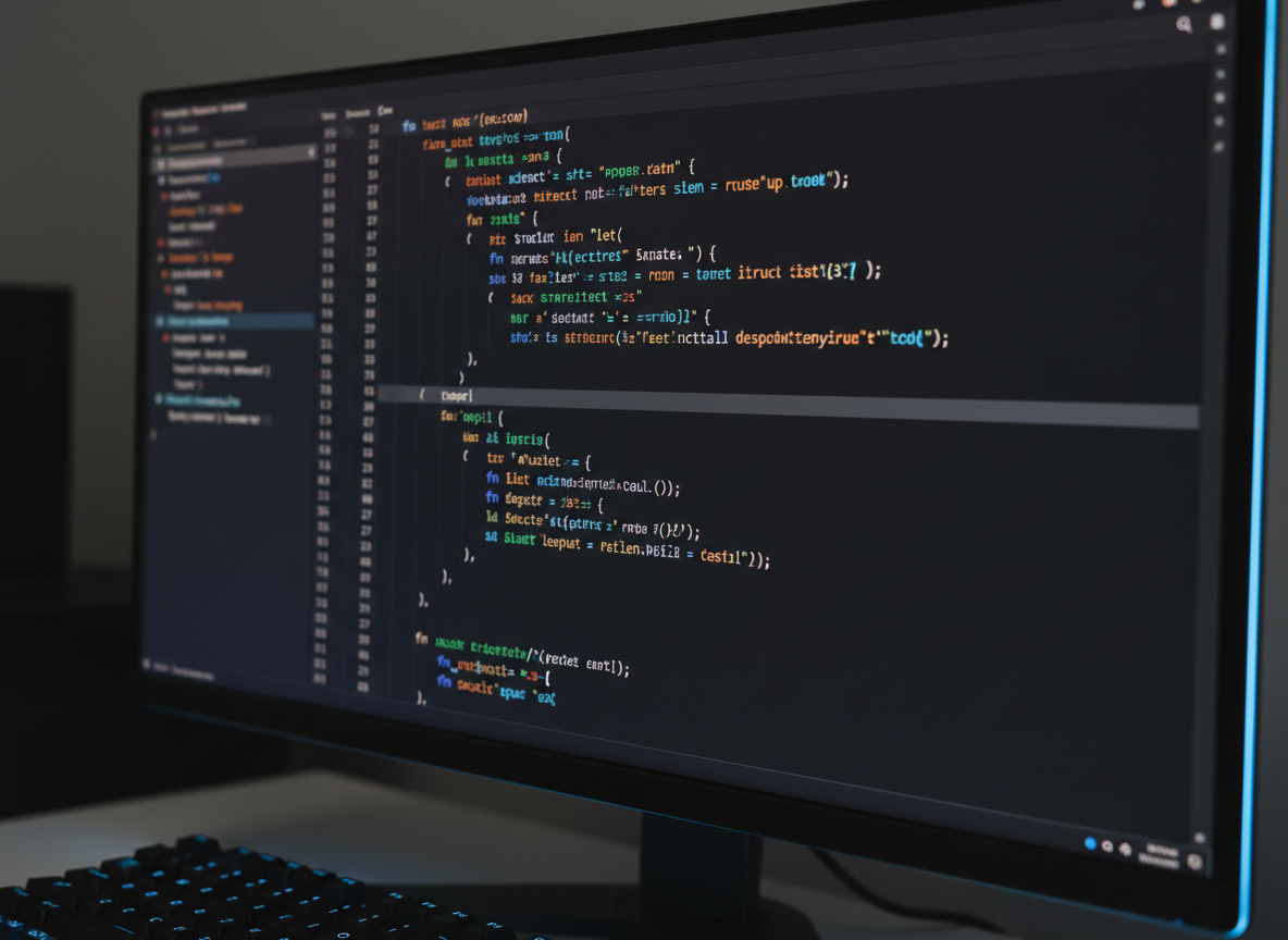 A close-up of a dark-themed code editor displayed on a high-resolution monitor, showing well-structured, syntax-highlighted code in a modern programming language. The characters are razor-sharp, with colorful keywords in electric blue, soft green, and amber against a deep charcoal background. The bezel of the monitor is barely visible, emphasizing the immersive screen. In the blurred foreground, the edge of a low-profile keyboard creates depth. Dim, intentional studio-style lighting focuses on the screen, leaving the surrounding room in subtle shadow, with a soft blue accent light tracing the monitor’s edge. Photographic realism, shot from a slightly angled side perspective with shallow depth of field, gives the code a cinematic presence. The mood is concentrated, technical, and contemplative, perfect for illustrating the craft of a professional software engineer deep in thought.